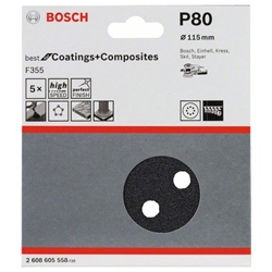 Bosch Schleifblatt F355, 115mm, 80, 8 Löcher, Klett, 5er-Pack Nr. 2608605558