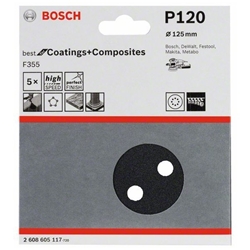 Bosch Schleifblatt F355, 125mm, 120, 8 Löcher, Klett, 5er-Pack Nr. 2608605117