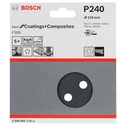 Bosch Schleifblatt F355, 125mm, 240, 8 Löcher, Klett, 5er-Pack Nr. 2608605119