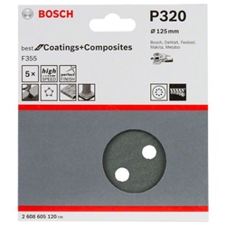 Bosch Schleifblatt F355, 125mm, 320, 8 Löcher, Klett, 5er-Pack Nr. 2608605120