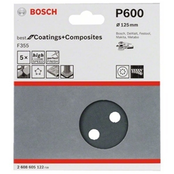 Bosch Schleifblatt F355, 125mm, 600, 8 Löcher, Klett, 5er-Pack Nr. 2608605122