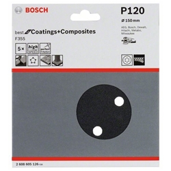 Bosch Schleifblatt F355, 150mm, 120, 6 Löcher, Klett, 5er-Pack Nr. 2608605126