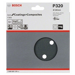 Bosch Schleifblatt F355, 150mm, 320, 6 Löcher, Klett, 5er-Pack Nr. 2608605129
