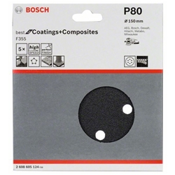 Bosch Schleifblatt F355, 150mm, 80, 6 Löcher, Klett, 5er-Pack Nr. 2608605124