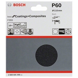 Bosch Schleifblatt Papier F355, 115mm, 60, ungelocht, Klett, 10er-Pack Nr. 2608605496