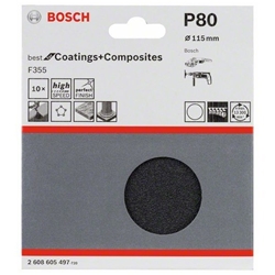 Bosch Schleifblatt Papier F355, 115mm, 80, ungelocht, Klett, 10er-Pack Nr. 2608605497