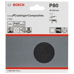 Bosch Schleifblatt Papier F355, 125mm, 80, ungelocht, Klett, 10er-Pack Nr. 2608606756
