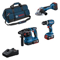 Bosch Combo Kit mit 3 18V-Werkzeugen: GSB 18V-45/GWS 18V-10/GBH 18V-22, mit 3 x Akku: 2 x Akku ProCORE18V 5.0Ah, 1 x Akku ProCORE18V 5.5Ah Nr. 0615A5004C