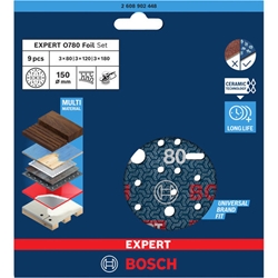 Bosch EXPERT O780 Folienschleifscheiben-Set, 150mm, G80, G120, G180, 9-tlg. Nr. 2608902448
