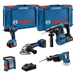 Bosch Combo Kit 18V-Profi-Set, mit 5 Werkzeugen: Akku-Schlagbohrschrauber GSB 18V-65 + Akku-Bohrhammer GBH 18V-26 + Akku-Winkelschleifer GWS 18V-11 + Akku-Säbelsäge GSA 18V-LI + Akku-Bauleuchte GLI 18V-1200 C + 3 x Akku GBA 18V 5.0Ah + Schnellladegerät GAL 18V-160, alle im Karton Nr. 0615A5007S