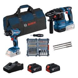 Bosch Combo Kit 18V-Profi-Set, mit 2 Werkzeugen: Akku-Bohrschrauber GSR 18V-45 + Akku-Bohrhammer GBH 18V-22 + 45-tlg. Schraubendreher-Bit-Set + 3-tlg. SDS plus-5 Schlagbohrer-Bit-Set + 2 x Akku GBA 18V 4.0 Ah + Ladegerät GAL 18V-40, alle im Karton Nr. 0615V0003D