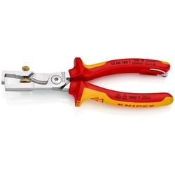 Knipex StriX® Abisolierzangen mit Kabelschere isoliert mit Mehrkomponenten-Hüllen, VDE-geprüft, mit integrierter isolierter Befestigungsöse zum Anbringen einer Absturzsicherung verchromt 180 mm (SB-Karte/Blister) Nr. 13 66 180 T BK