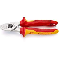 Knipex Kabelschere isoliert mit Mehrkomponenten-Hüllen, VDE-geprüft, mit integrierter isolierter Befestigungsöse zum Anbringen einer Absturzsicherung verchromt 165 mm (SB-Karte/Blister) Nr. 95 16 165 T BK