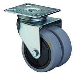Apparate-Doppel-Lenkrolle, Rad Ø 75mm, Gummi grau, Radb. 2x24mm, BH 102mm, Kugellager, Radk. Kunststoff, mit Platte, PG 77x67mm, Tragkr. 80kg Nr. B100.A89.075