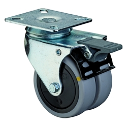 Apparate-Doppel-Lenkrolle, mit Totalfeststeller, Rad Ø 75mm, Gummi grau, Radb. 2x24mm, BH 102mm, Kugellager, Radk. Kunststoff, mit Platte, PG 77x67mm, Tragkr. 80kg Nr. B120.A89.075