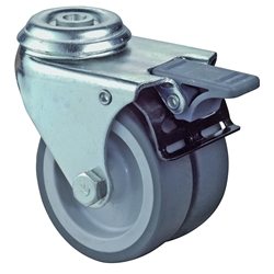 Apparate-Doppel-Lenkrolle, mit Totalfeststeller, Rad Ø 75mm, Gummi grau, Radb. 2x24mm, BH 99mm, Gleitlager, Radk. Kunststoff, mit Rückenloch, Rückenl. Ø 10,2mm, Tragkr. 80kg Nr. B121.A80.075