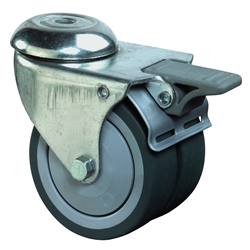 Apparate-Doppel-Lenkrolle, mit Totalfeststeller, Rad Ø 75mm, Gummi grau, Radb. 2x24mm, BH 99mm, Kugellager, Radk. Kunststoff, mit Rückenloch, Rückenl. Ø 10,2mm, Tragkr. 80kg Nr. B121.A85.075