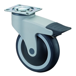 Kunststoff-Lenkrolle, mit Totalfeststeller, Rad Ø 125mm, Gummi grau, Radb. 32mm, BH 161mm, Kugellager, Radk. Kunststoff, mit Platte, PG 77x67mm, Tragkr. 120kg Nr. C120.A82.125