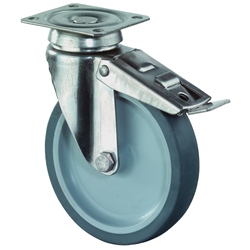Apparate-Lenkrolle, mit Totalfeststeller, Rad Ø 100mm, Gummi grau, Radb. 28mm, BH 136mm, Gleitlager, Radk. Kunststoff, mit Platte, PG 76x70mm, Tragkr. 60kg Nr. G120.A80.100