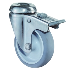 Apparate-Lenkrolle, mit Totalfeststeller, Rad Ø 125mm, Gummi grau, Radb. 28mm, BH 156mm, Gleitlager, Radk. Kunststoff, mit Rückenloch, Rückenl. Ø 12mm, Tragkr. 70kg Nr. G121.A80.126
