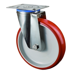 Lenkrolle, Rad Ø 100mm, Polyurethan rot 98+/-4 Shore A, Radb. 30mm, BH 127mm, Gleitlager, Radk. Kunststoff, mit Platte, PG 95x80mm, Tragkr. 130kg Nr. H100.B26.100