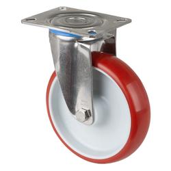 Lenkrolle, Rad Ø 125mm, Polyurethan rot 98+/-4 Shore A, Radb. 32mm, BH 155mm, Gleitlager, Radk. Kunststoff, mit Platte, PG 95x80mm, Tragkr. 130kg Nr. H100.B26.125