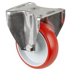 Bockrolle, Rad Ø 100mm, Polyurethan rot 98+/-4 Shore A, Radb. 30mm, BH 127mm, Gleitlager, Radk. Kunststoff, mit Platte, PG 95x80mm, Tragkr. 130kg Nr. H110.B26.100