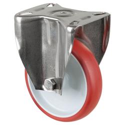Bockrolle, Rad Ø 150mm, Polyurethan rot 98+/-4 Shore A, Radb. 35mm, BH 192mm, Gleitlager, Radk. Kunststoff, mit Platte, PG 129x106mm, Tragkr. 200kg Nr. H110.B26.150