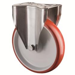 Bockrolle, Rad Ø 200mm, Polyurethan rot 98+/-4 Shore A, Radb. 45mm, BH 240mm, Gleitlager, Radk. Kunststoff, mit Platte, PG 129x106mm, Tragkr. 200kg Nr. H110.B26.200