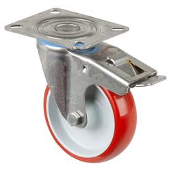 Lenkrolle, mit Totalfeststeller, Rad Ø 100mm, Polyurethan rot 98+/-4 Shore A, Radb. 30mm, BH 127mm, Gleitlager, Radk. Kunststoff, mit Platte, PG 95x80mm, Tragkr. 130kg Nr. H120.B26.100