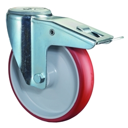 Lenkrolle, mit Totalfeststeller, Rad Ø 125mm, Polyurethan rot 98+/-4 Shore A, Radb. 32mm, BH 157mm, Rollenlager, Radk. Kunststoff, mit Rückenloch, Rückenl. Ø 12,2mm, Tragkr. 150kg Nr. L121.B31.125