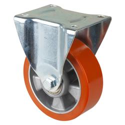 Transport-Bockrolle, Rad Ø 150mm, Guss-Polyurethan orange 95+/-3 Shore A, Radb. 50mm, BH 195mm, Kugellager, Radk. Aluminium, mit Platte, PG 138x110mm, Tragkr. 450kg Nr. L410.B90.152