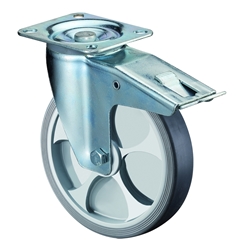 Lenkrolle, mit Totalfeststeller, Rad Ø 80mm, Thermoplastischer Gummi grau, Radb. 32mm, BH 105mm, Kugellager, Radk. Kunststoff, mit Platte, PG 104x80mm, Tragkr. 100kg Nr. L420.A85.082