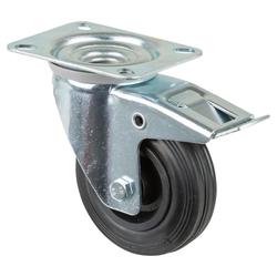 Transport-Lenkrolle, mit Totalfeststeller, Rad Ø 100mm, Gummi schwarz, Radb. 30mm, BH 128mm, Rollenlager, Radk. Kunststoff, mit Platte, PG 104x80mm, Tragkr. 70kg Nr. L420.B45.100