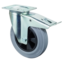 Lenkrolle, mit Totalfeststeller, Rad Ø 100mm, Gummi grau, Radb. 30mm, BH 128mm, Rollenlager, Radk. Kunststoff, mit Platte, PG 104x80mm, Tragkr. 70kg Nr. L420.B46.100