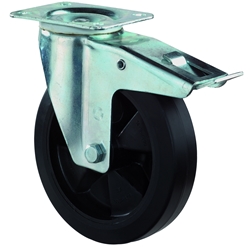 Lenkrolle, mit Totalfeststeller, Rad Ø 100mm, Elastik-Reifen schwarz, Radb. 30mm, BH 127mm, Rollenlager, Radk. Kunststoff, mit Platte, PG 104x80mm, Tragkr. 140kg Nr. L420.B60.100