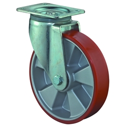 Schwerlast-Lenkrolle, Rad Ø 150mm, Guss-Polyurethan orange 95+/-3 Shore A, Radb. 50mm, BH 200mm, Kugellager, Radk. Aluminium, mit Platte, PG 135x110mm, Tragkr. 550kg Nr. L600.B90.150