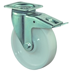 Schwerlast-Lenkrolle, mit Totalfeststeller, Rad Ø 150mm, Kunststoff weiß, Radb. 48mm, BH 200mm, Kugellager, Radk. Kunststoff, mit Platte, PG 135x110mm, Tragkr. 900kg Nr. L620.B15.151