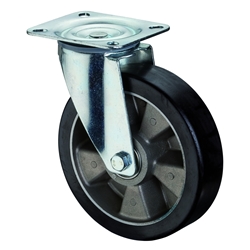 Lenkrolle, Rad Ø 125mm, Guss-Polyurethan schwarz 75 Shore A, Radb. 40mm, BH 155mm, Kugellager, Radk. Aluminium, mit Platte, PG 115x85mm, Tragkr. 200kg Nr. LS400.B91.125