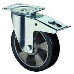 Lenkrolle, mit Totalfeststeller, Rad Ø 125mm, Guss-Polyurethan schwarz 75 Shore A, Radb. 40mm, BH 155mm, Kugellager, Radk. Aluminium, mit Platte, PG 115x85mm, Tragkr. 200kg Nr. LS420.B91.125
