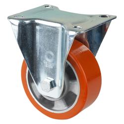 Transport-Bockrolle, Rad Ø 125mm, Guss-Polyurethan orange 95+/-3 Shore A, Radb. 50mm, BH 166mm, Kugellager, Radk. Aluminium, mit Platte, PG 138x109mm, Tragkr. 300kg Nr. LSS410.B90.125