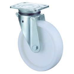 Schwerlast-Lenkrolle, Rad Ø 200mm, Kunststoff weiß, Radb. 45mm, BH 235mm, Rollenlager, Radk. Kunststoff, mit Platte, PG 135x110mm, Tragkr. 400kg Nr. N100.B10.200