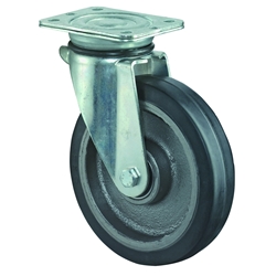 Schwerlast-Lenkrolle, Rad Ø 200mm, Elastik-Reifen schwarz, Radb. 50mm, BH 255mm, Kugellager, Radk. Guss, mit Platte, PG 138x110mm, Tragkr. 450kg Nr. N100.B81.202