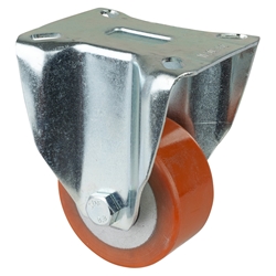 Schwerlast-Bockrolle, Rad Ø 80mm, Guss-Polyurethan orange 95+/-3 Shore A, Radb. 40mm, BH 127mm, Kugellager, Radk. Aluminium, mit Platte, PG 105x85mm, Tragkr. 250kg Nr. N110.B90.081
