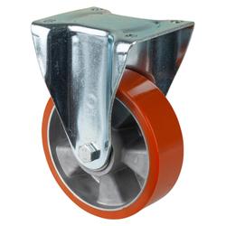 Schwerlast-Bockrolle, Rad Ø 160mm, Guss-Polyurethan orange 95+/-3 Shore A, Radb. 50mm, BH 205mm, Kugellager, Radk. Aluminium, mit Platte, PG 138x110mm, Tragkr. 600kg Nr. N110.B90.163