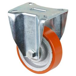 Schwerlast-Bockrolle, Rad Ø 100mm, Guss-Polyurethan orange 95+/-3 Shore A, Radb. 30mm, BH 137mm, Kugellager, Radk. Guss, mit Platte, PG 105x85mm, Tragkr. 300kg Nr. N110.C10.101