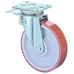 Schwerlast-Lenkrolle, mit Totalfeststeller, Rad Ø 125mm, Guss-Polyurethan orange 95+/-3 Shore A, Radb. 50mm, BH 178mm, Kugellager, Radk. Guss, mit Platte, PG 138x110mm, Tragkr. 550kg Nr. N120.C10.129