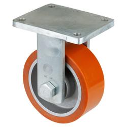 Schwerlast-Bockrolle, Rad Ø 200mm, Guss-Polyurethan orange 95+/-3 Shore A, Radb. 80mm, BH 264mm, Kugellager, Radk. Guss, mit Platte, PG 200x160mm, Tragkr. 1.400kg Nr. RR110.C10.202