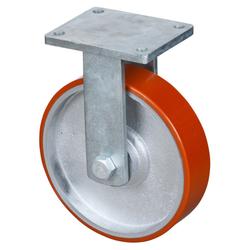 Schwerlast-Bockrolle, Rad Ø 300mm, Guss-Polyurethan orange 95+/-3 Shore A, Radb. 75mm, BH 375mm, Kugellager, Radk. Guss, mit Platte, PG 200x160mm, Tragkr. 2.000kg Nr. RR110.C10.301