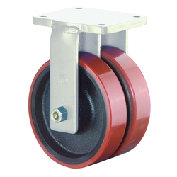 Schwerlast-Doppel-Bockrolle, Rad Ø 200mm, Guss-Polyurethan orange 95+/-3 Shore A, Radb. 2x50mm, BH 264mm, Kugellager, Radk. Guss, mit Platte, PG 175x140mm, Tragkr. 2.000kg Nr. S110.C10.200